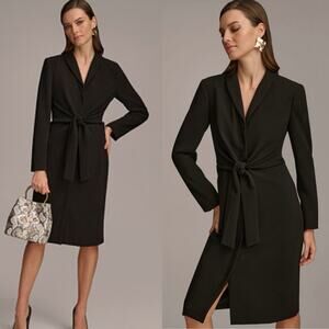 Donna Karan Black Tie Waist Sheath Crepe Belted Jacket Dress 16